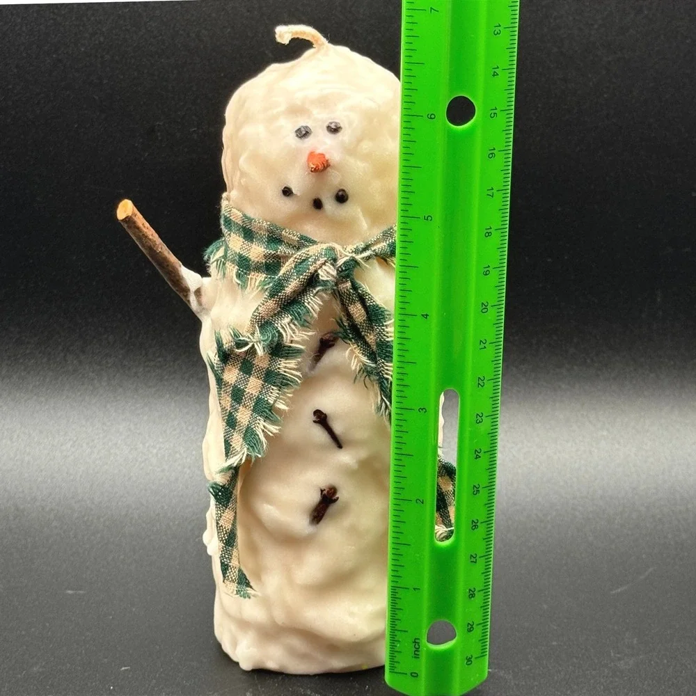 Rustic Snowman Pillar Candle Primitive Holiday Decor Plaid Scarf Stick Arms